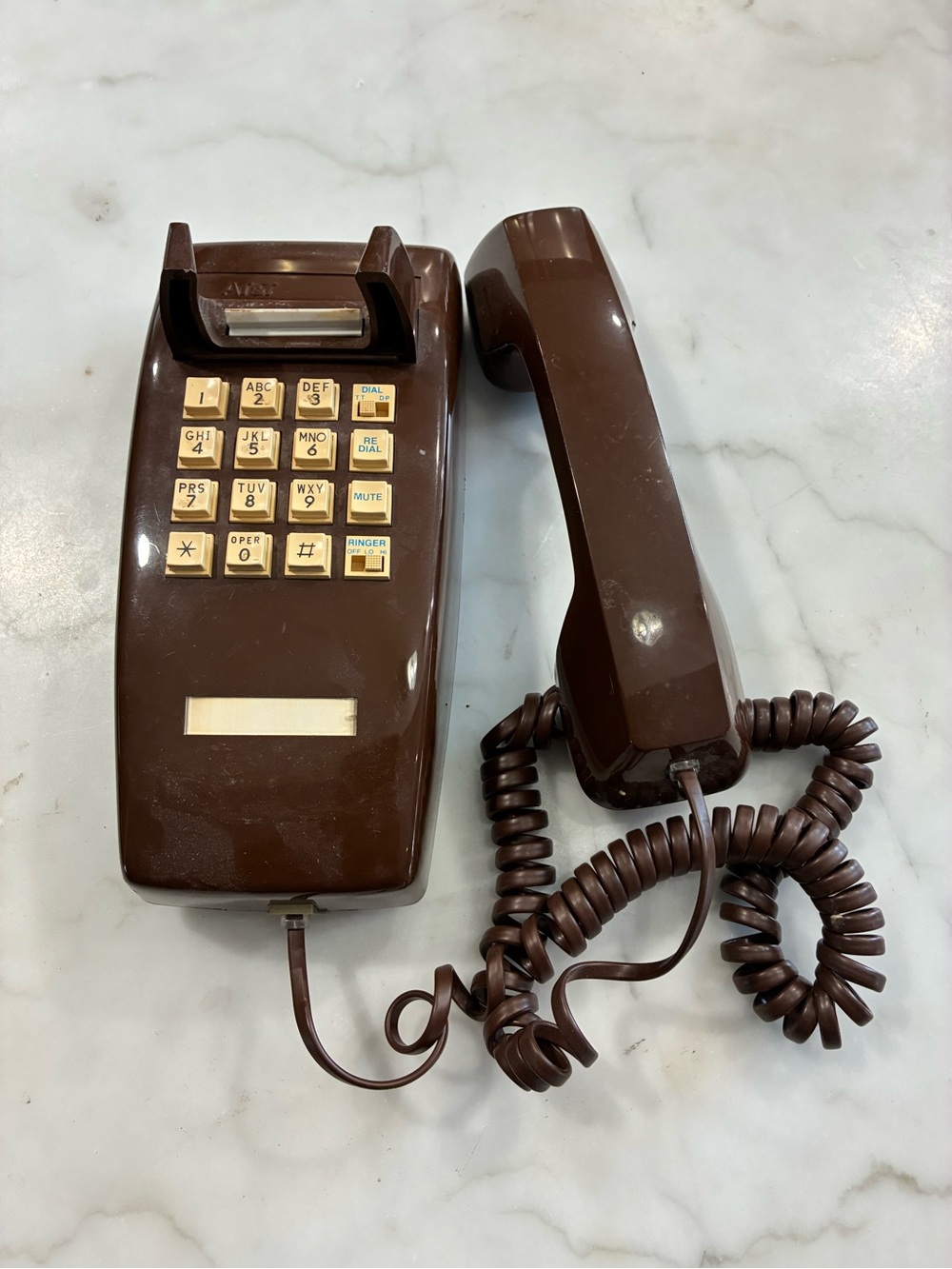Vintage 1970s AT&T Brown Push Button Touch Tone Wall Telephone